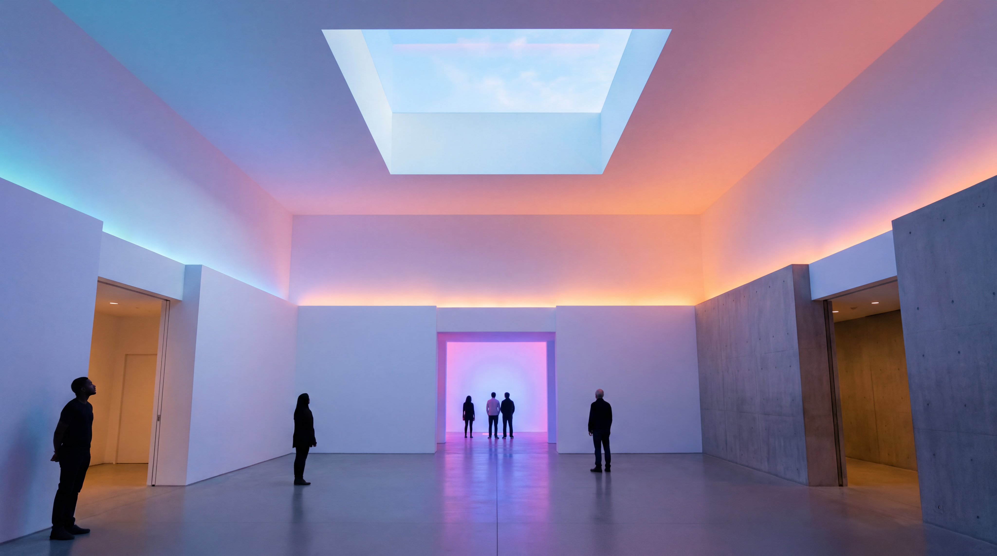 A room washed in violet and blue light