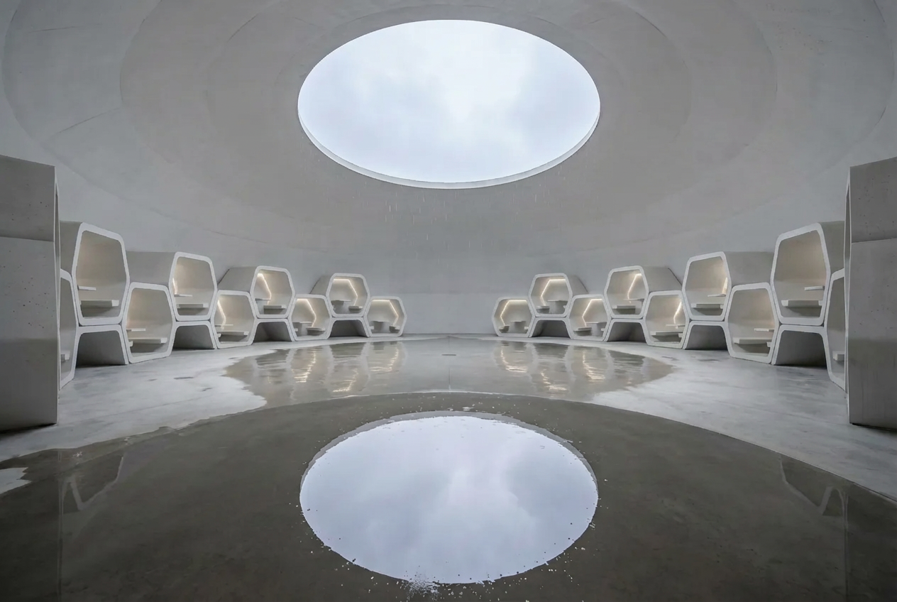 Circular chamber with white seating and overhead oculus