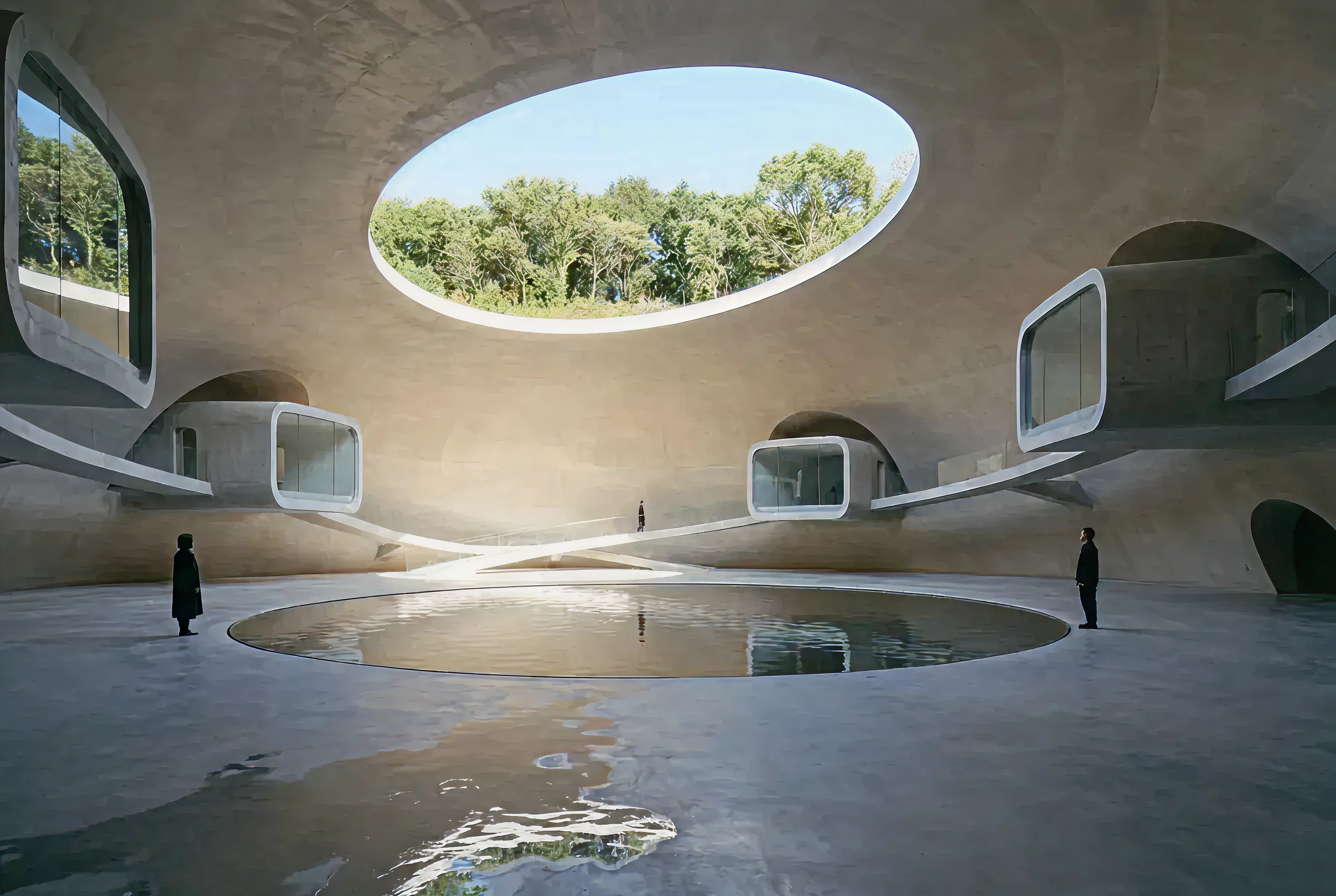 Minimal gallery seating with glass and water reflections